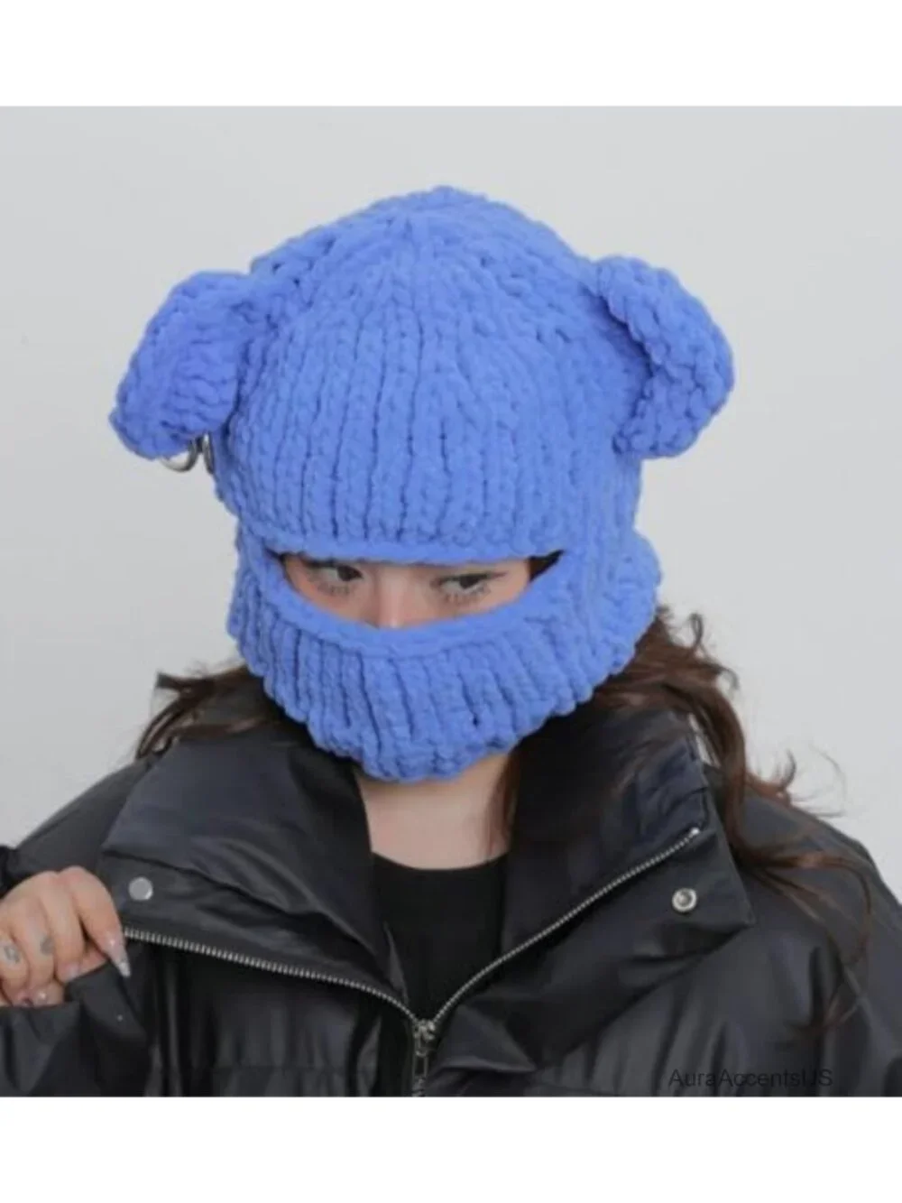 Knit Balaclava Ski Mask 2-in-1 Hooded Scarf Beanie Winter Warm Headwear